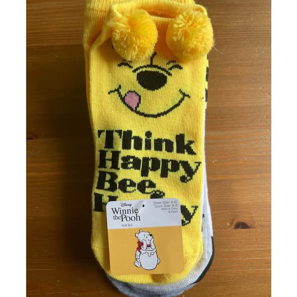 Disney Winnie the Pooh Pom Pom No Show 6 Pairs Socks NEW Size 9-11
